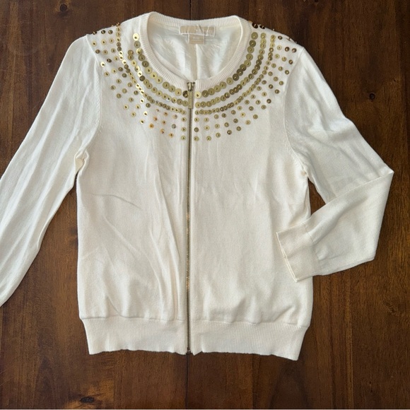 Michael Kors Cardigan Sweater Gold Sequin Cream Cotton Lined Zip Front S / P - Picture 1 of 11